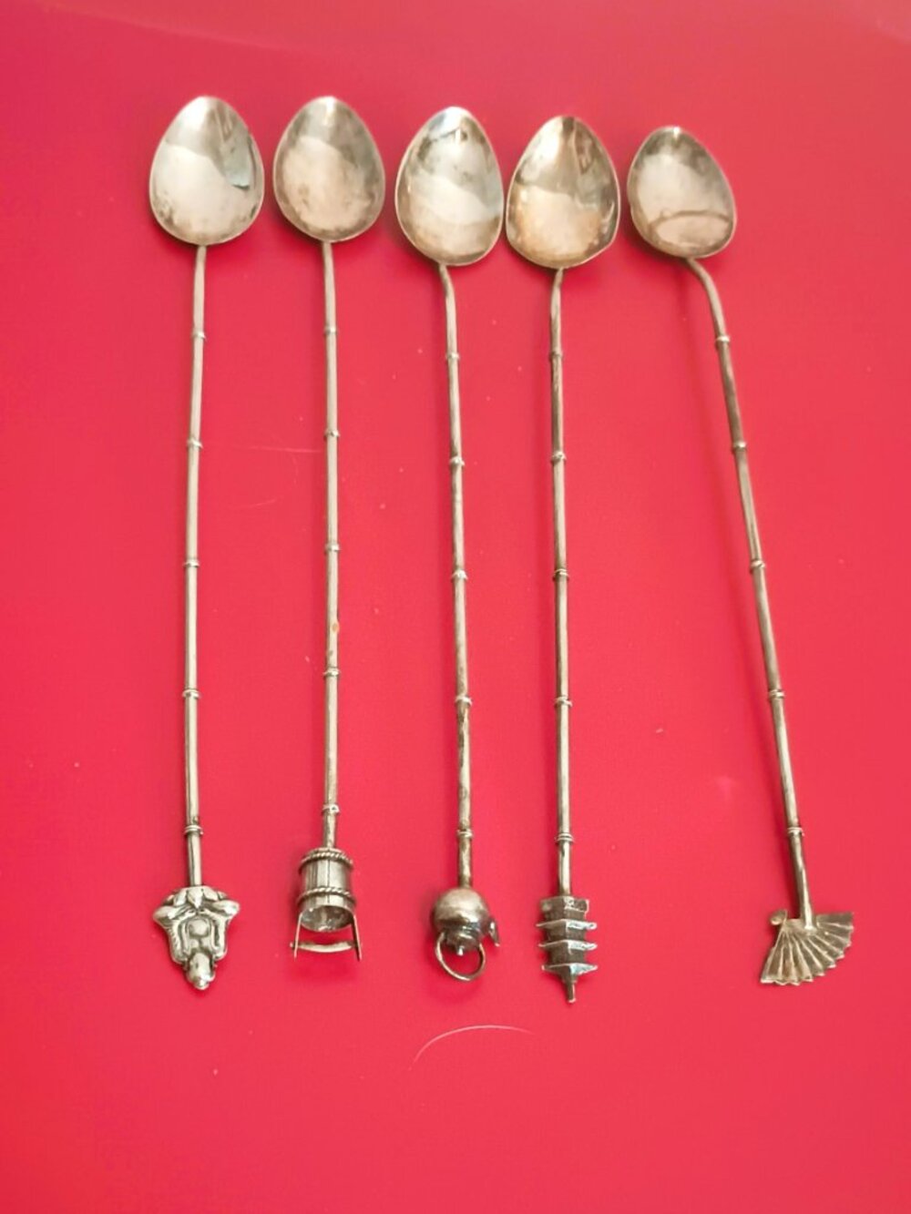 950 Set Of 5 Bamboo Ice Tea Spoons Antique Asian Sterling Silver
